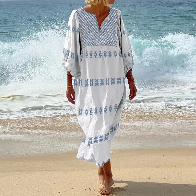Womens Ethnic Retro Geometric Print Long Dress Spring 3/4 Lantern Sleeve A-Line Party Dress Summer V Neck Loose Beach