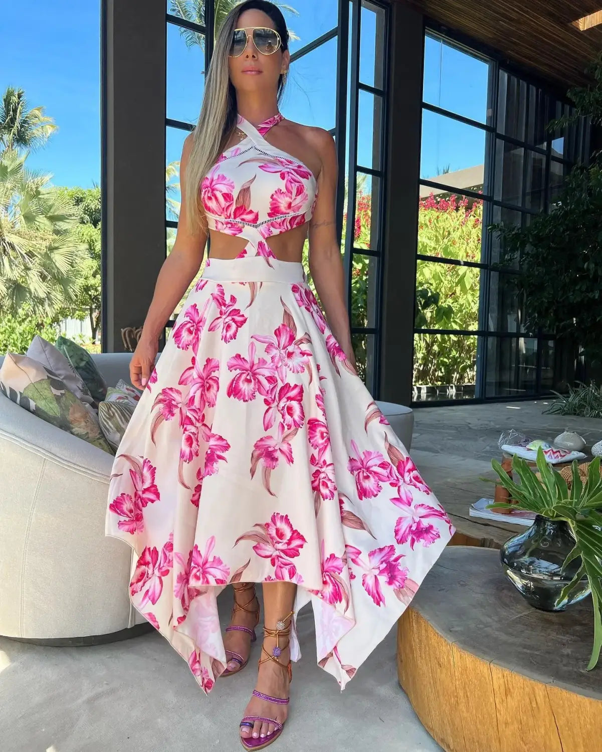 New Bohemian Sexy Printed Women Dresses Halter Sleeveless Backless Naked Waist Long Dress Fashion Summer Beach Holiday