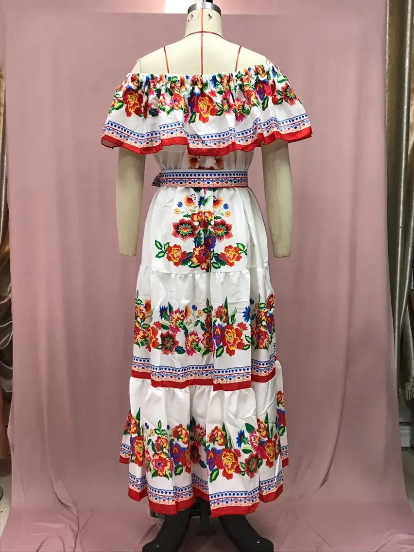 2024 Women’s New Sexy One Shoulder Off Shoulder Fashion Red Flower Printed Lace Up Waist Long Swing Dress