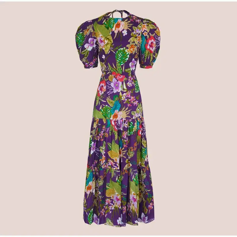 Vintage Print Backless Puff Sleeve Midi Dress Fashion Chic Round Neck High Waist Dresses 2024 Autumn New Women High