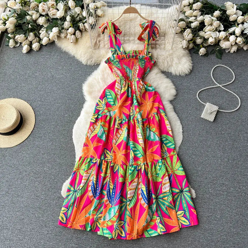 SINGREINY Summer Vacation Spaghetti Strap Long Dress Women Sleeveless Ruched Elastic Backless Dress Floral Print Beach