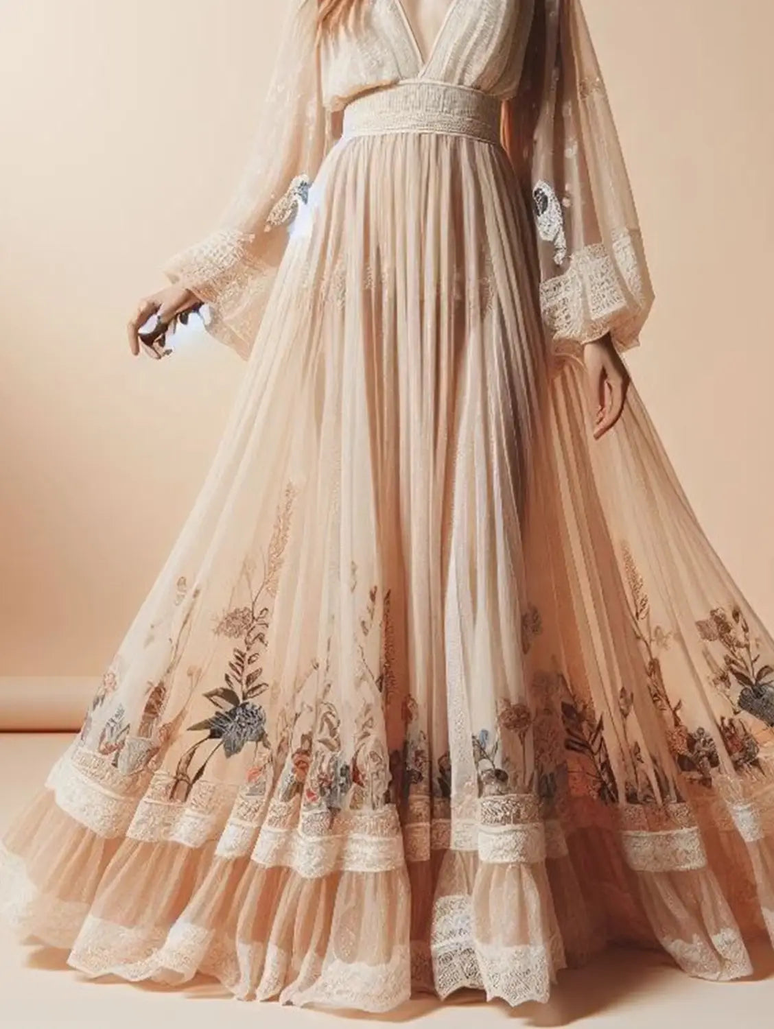 Bohemian Women Dress Elegant Fashion Floral Print Pattern Sexy Deep V Neck Casual Long Sleeve Lace Evening Party Maxi