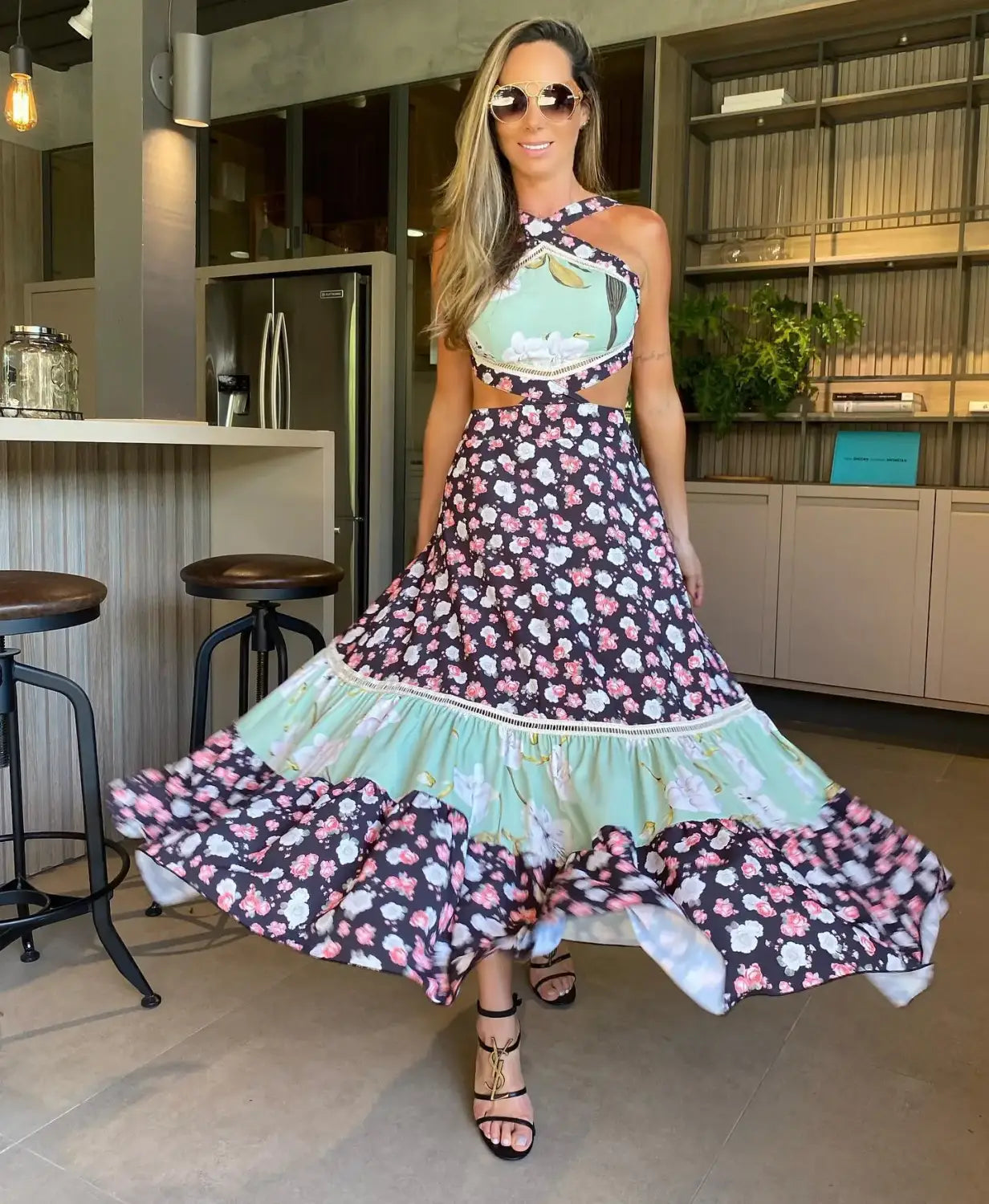 New Bohemian Sexy Printed Women Dresses Halter Sleeveless Backless Naked Waist Long Dress Fashion Summer Beach Holiday