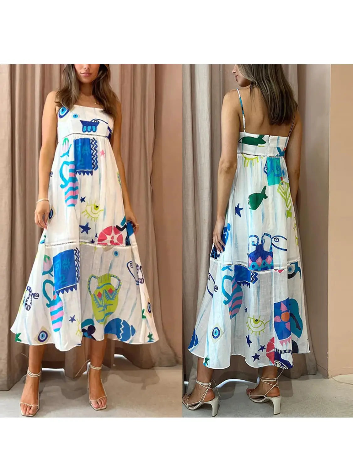 Women’s Summer Boho Spaghetti Strap Square Neck Farm Rio Dress Casual Flowy Graffiti Long Dress Beach Swing Party