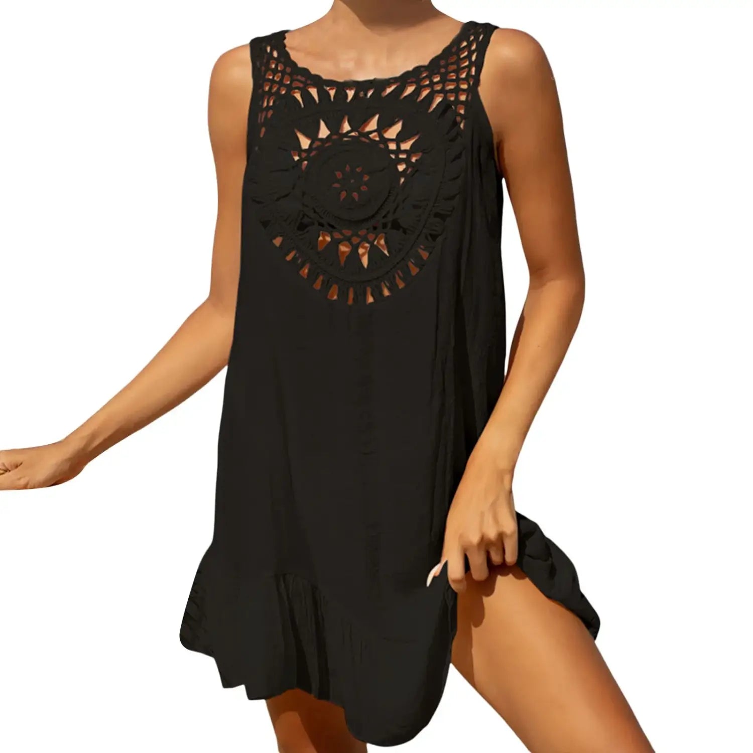 Beach Wear Women 2024 New Solid Crochet Hollow Retro Boho Beach Cover Up Dress Fashion Casual Sleeveless Bikini Tank