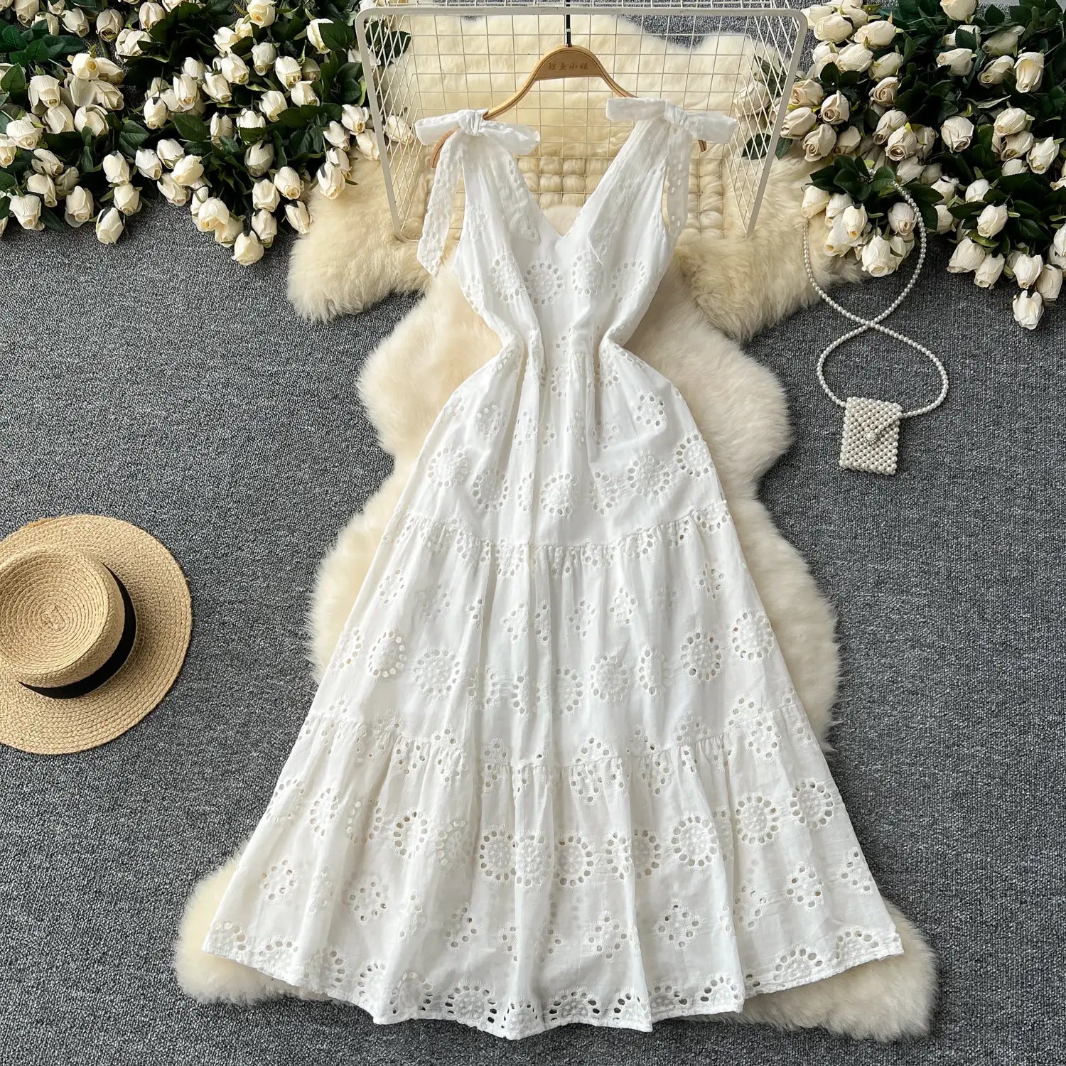 French Vintage cut out Embroidery bow Bandage slip Dress A-line Chic Casual Beach Vacation Women Summer dresses