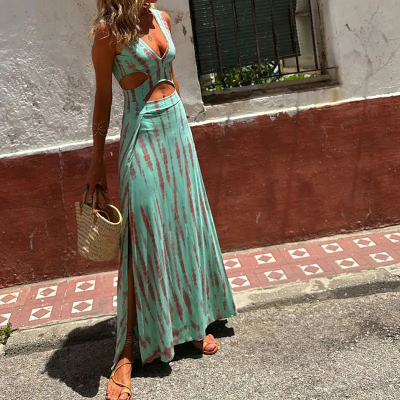 Elegant High Waist Women’s Party Dress Sexy Ladies Hollow Out Printed Vocation Dress 2024 All Match Sleeveless Split