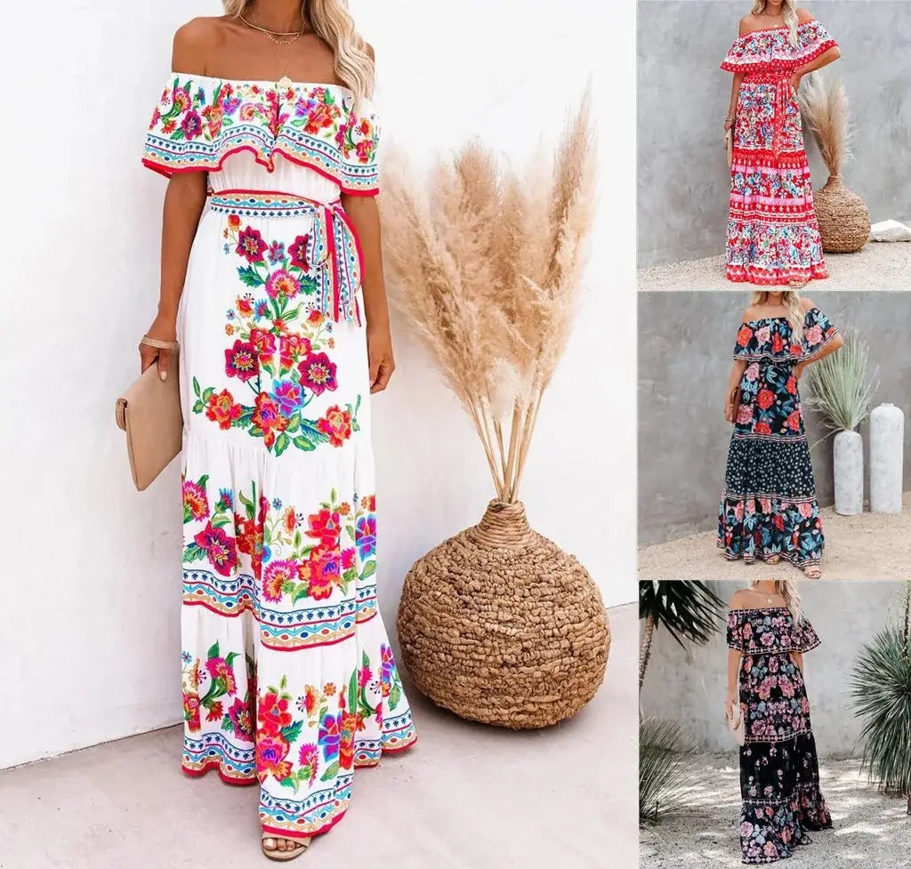 2024 Women’s New Sexy One Shoulder Off Shoulder Fashion Red Flower Printed Lace Up Waist Long Swing Dress