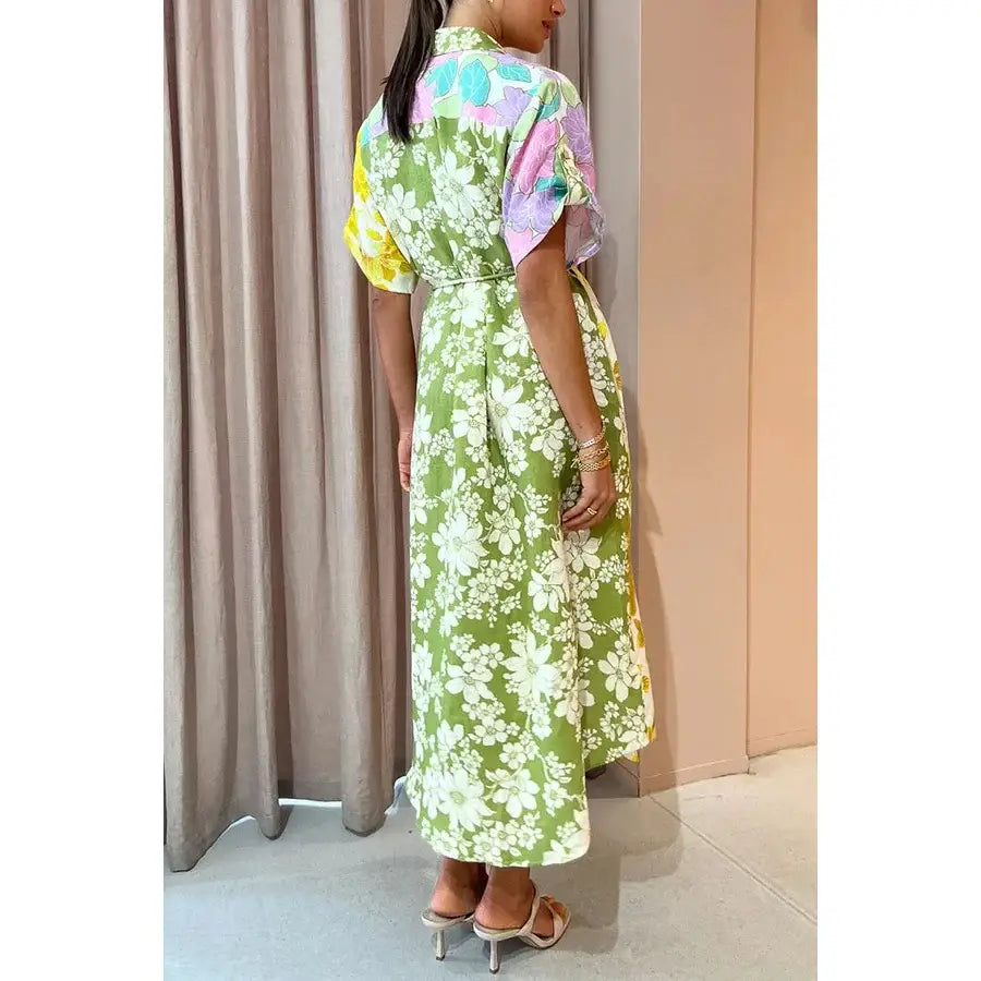 Women’s S-XL Size Spring Summer New Loose Vacation Dress INS Casual Short Sleeve Lace up Pocket Fashion Slimming