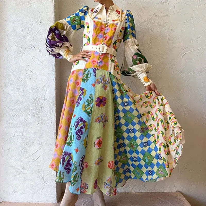 EcoChic Goddess Graffiti Lantern Sleeve Maxi Shirt Dress Vibrant Boho