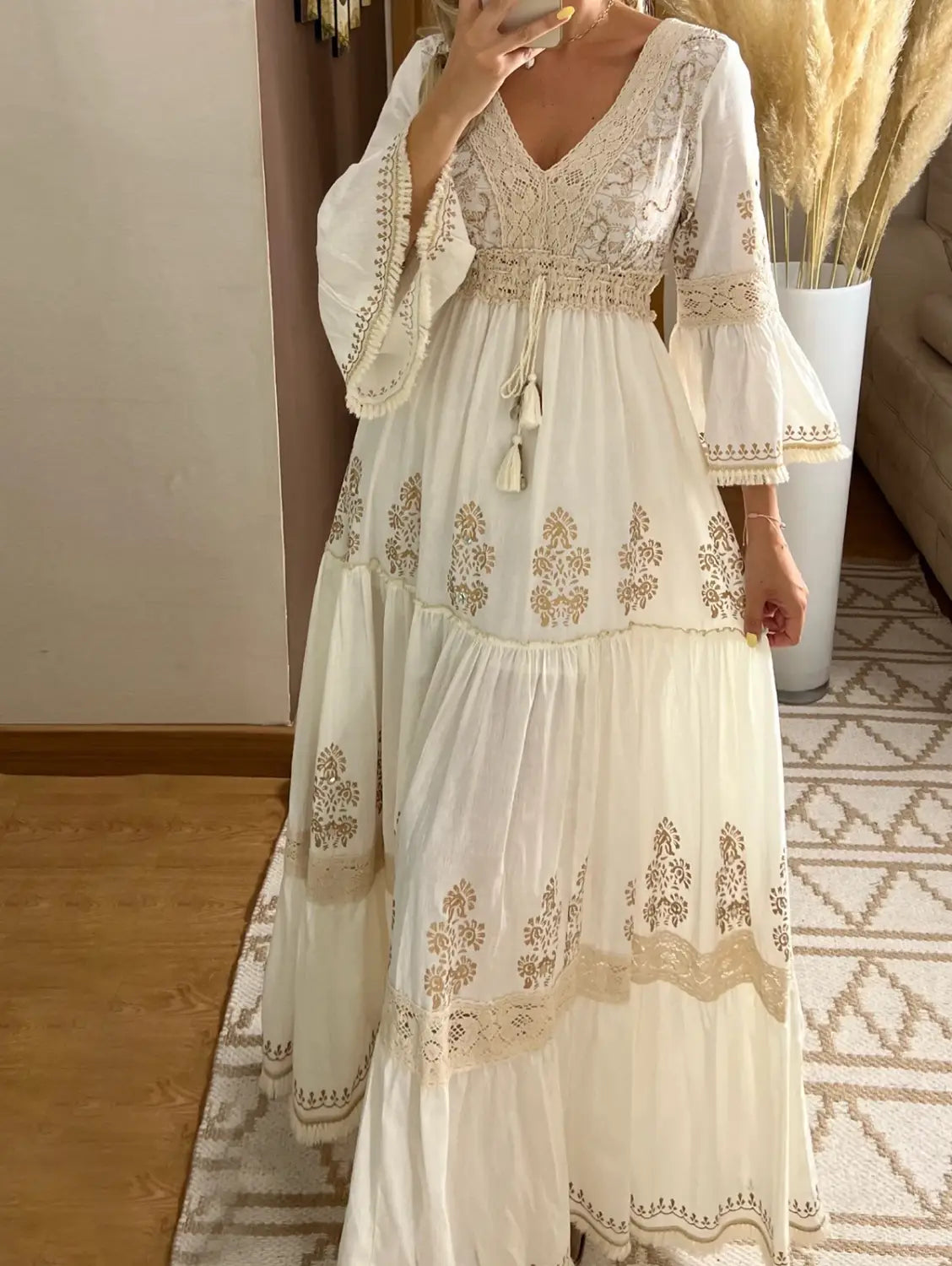 Women Fall Casual Long Dress Floral Print Lace V-Neck Long Sleeve Dress Fashion Holiday Maxi Dress Elegant Classics