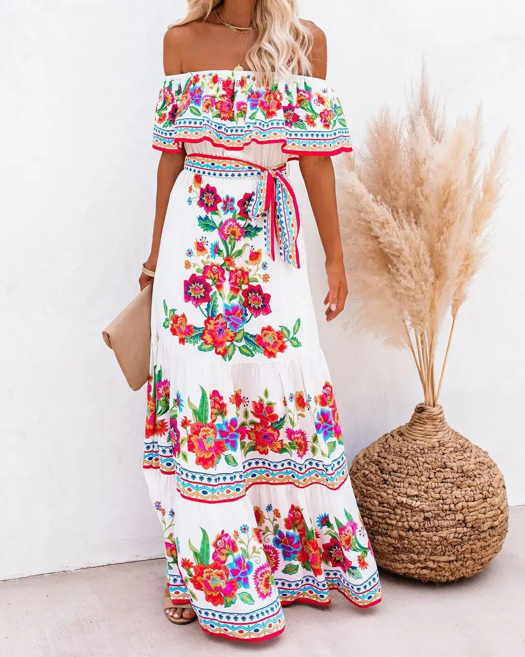 2024 Women’s New Sexy One Shoulder Off Shoulder Fashion Red Flower Printed Lace Up Waist Long Swing Dress