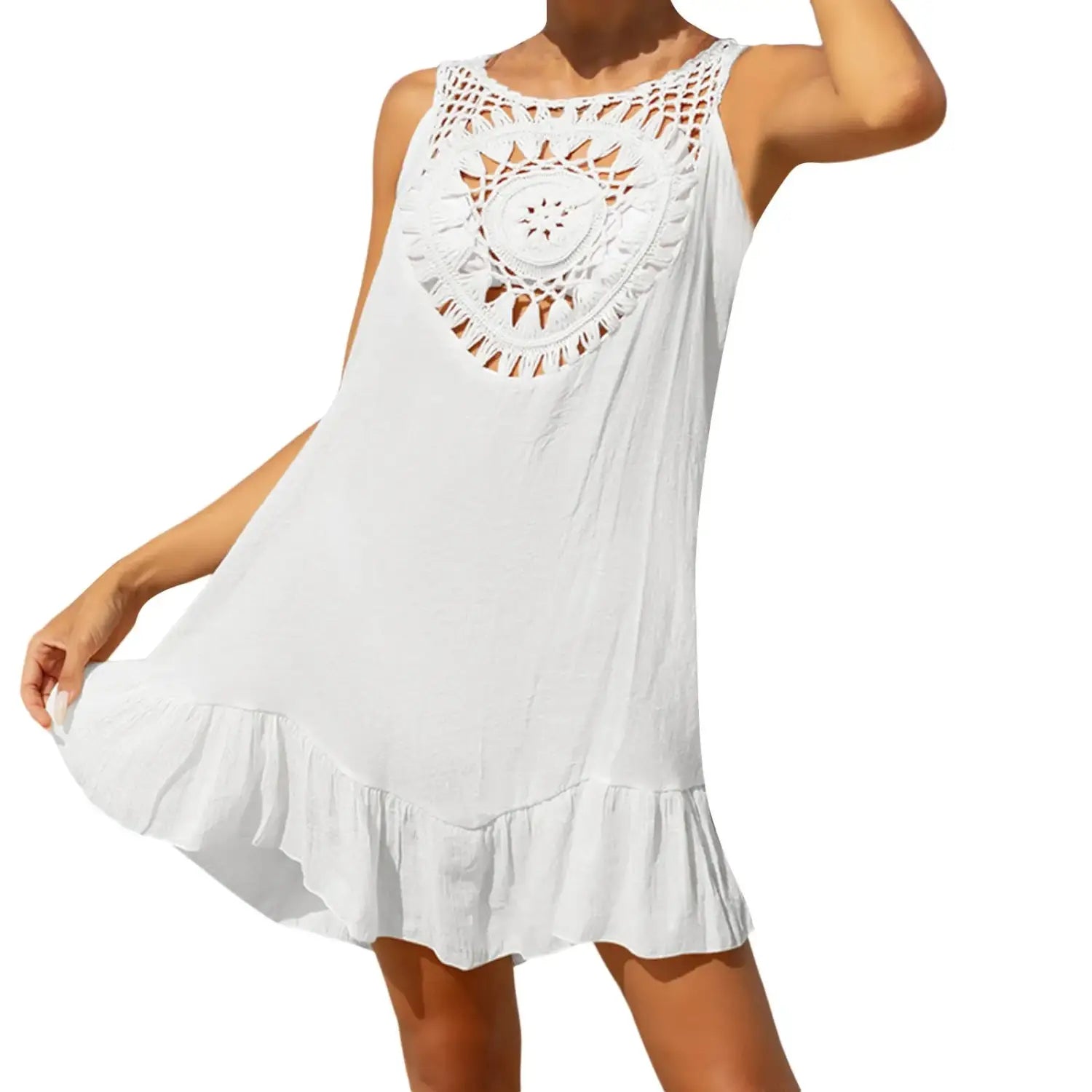 Beach Wear Women 2024 New Solid Crochet Hollow Retro Boho Beach Cover Up Dress Fashion Casual Sleeveless Bikini Tank