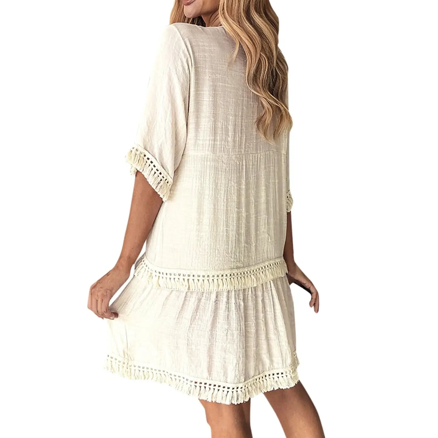 Boho Dress For Women’S Casual Elegant Embroidered V Neck Casual Dresses With Tassle Loose Comfortable Stylish Wrap