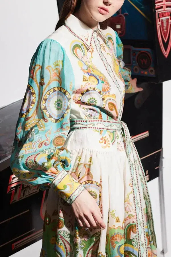 Long Dresses 2024 New Printed Fashion Sleeve Puff Sleeve Lace-up Large Swing Dress Elegant Party Dress