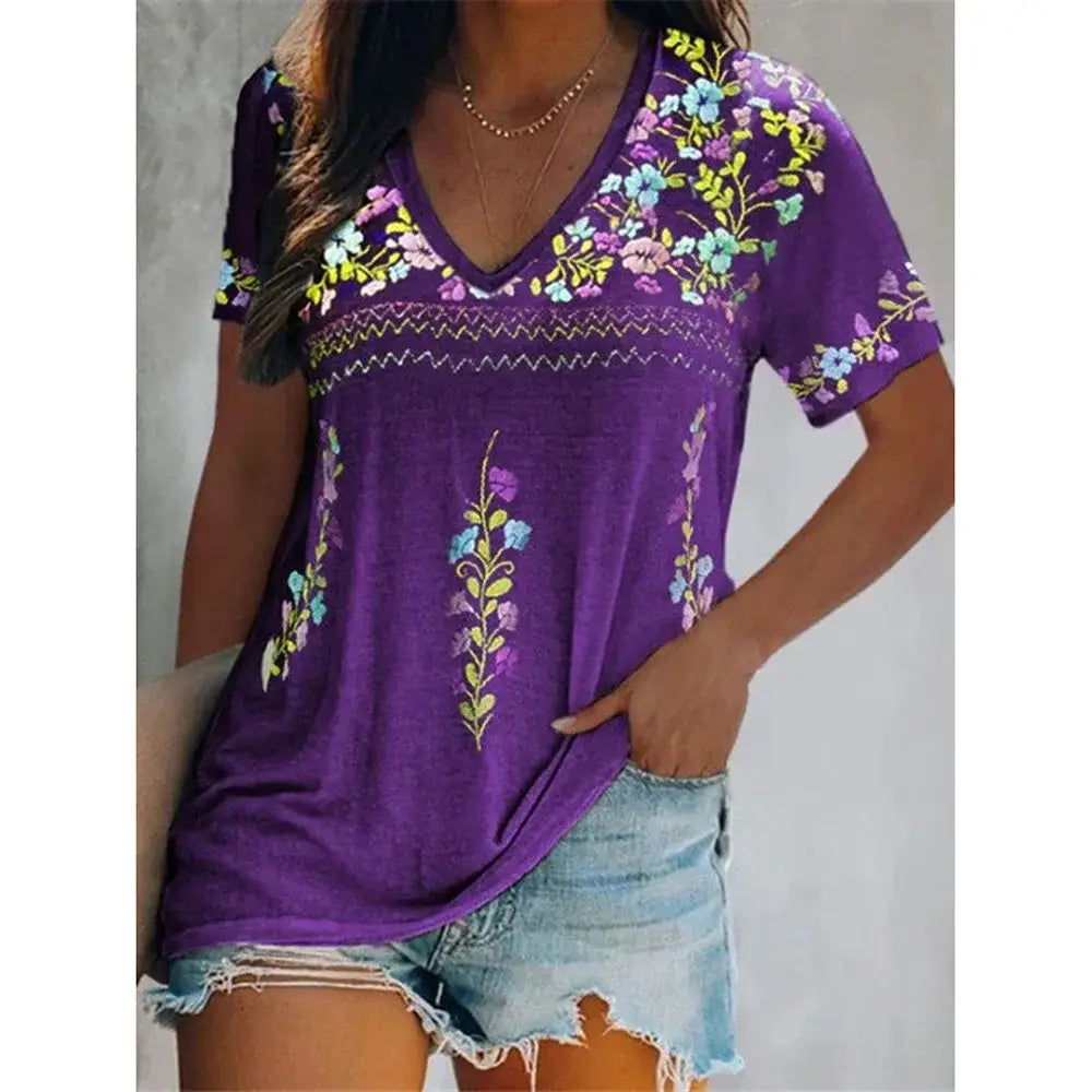 Fashion Ethnic Retro Floral 3D Print Boho T Shirt Women Streetwear V-Neck T-Shirts Harajuku Oversized Tees Tops Woman