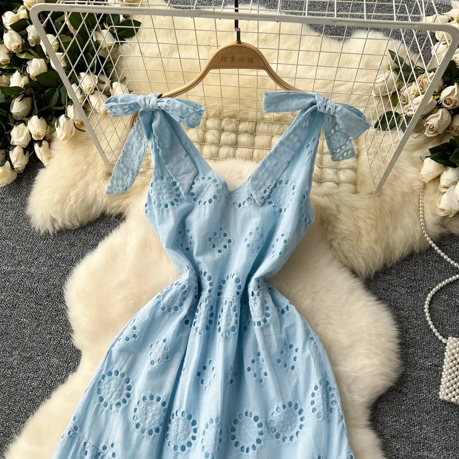 French Vintage cut out Embroidery bow Bandage slip Dress A-line Chic Casual Beach Vacation Women Summer dresses