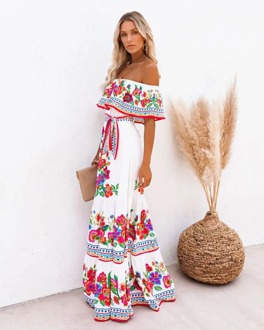 2024 Women’s New Sexy One Shoulder Off Shoulder Fashion Red Flower Printed Lace Up Waist Long Swing Dress