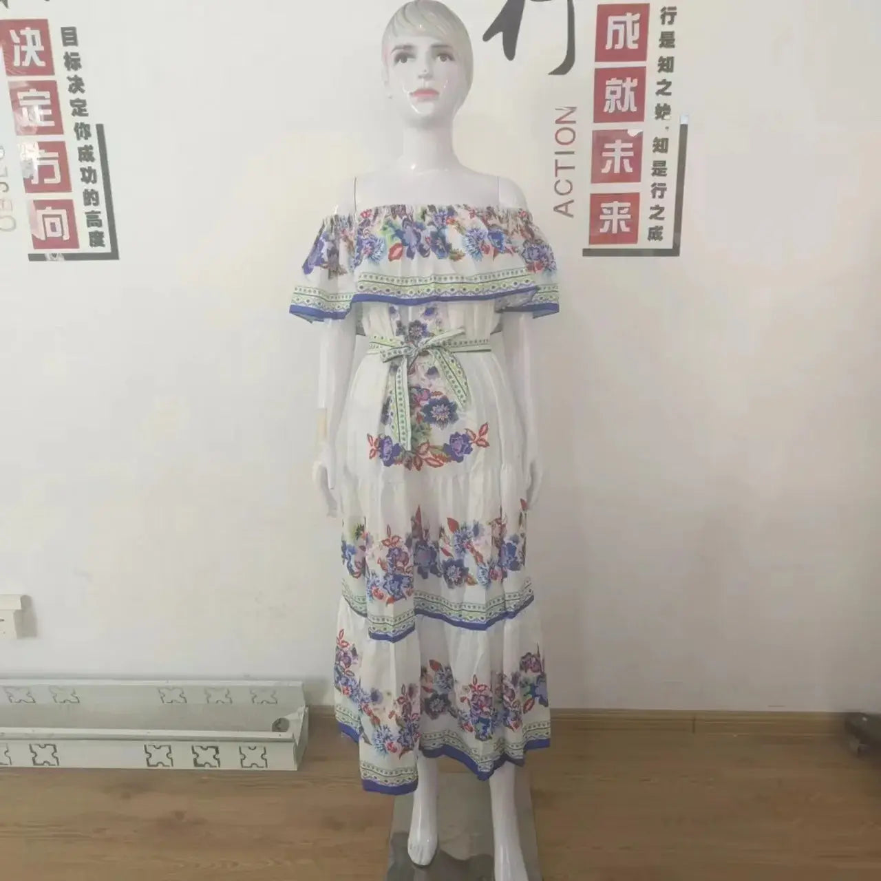 2024 Women’s New Sexy One Shoulder Off Shoulder Fashion Red Flower Printed Lace Up Waist Long Swing Dress