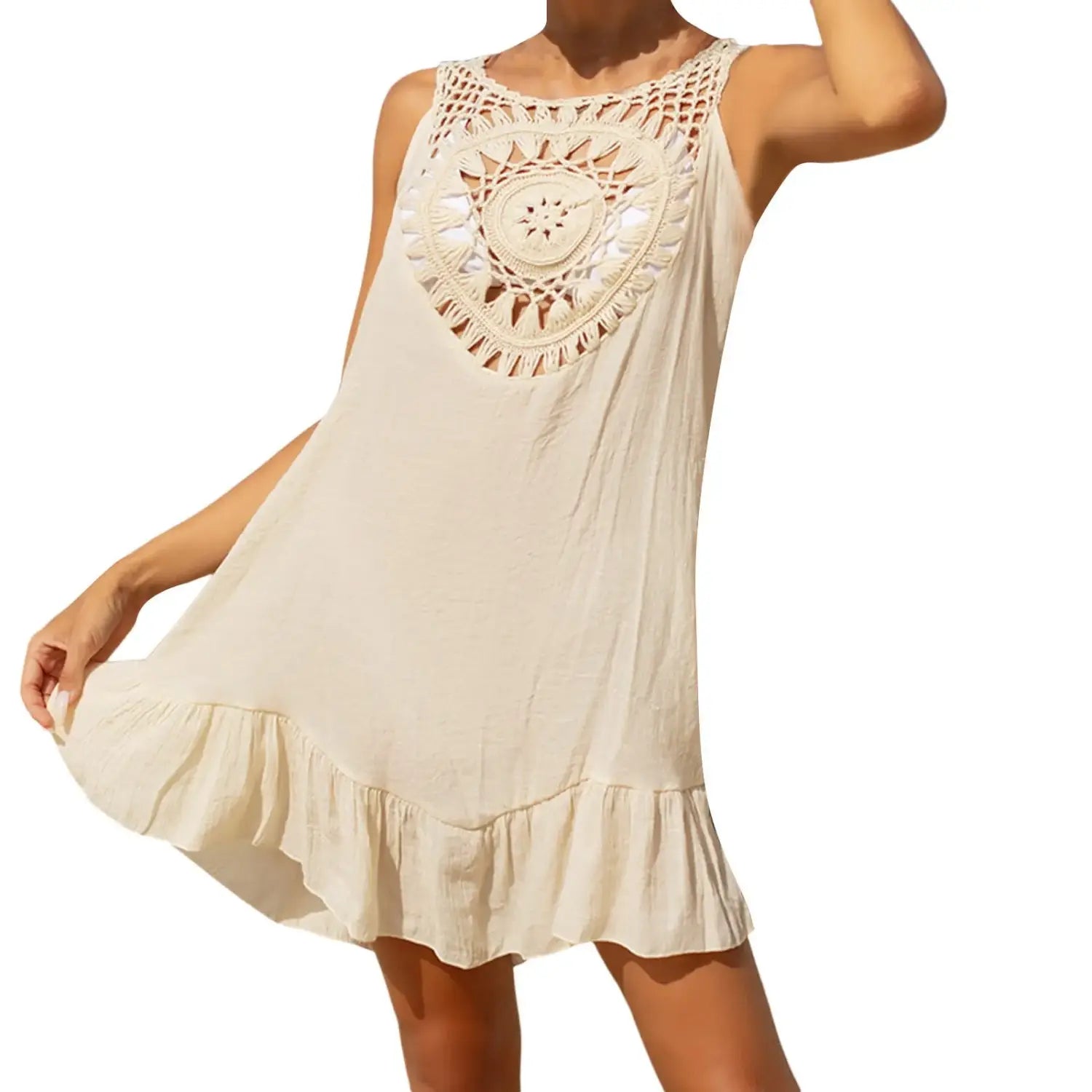 Beach Wear Women 2024 New Solid Crochet Hollow Retro Boho Beach Cover Up Dress Fashion Casual Sleeveless Bikini Tank