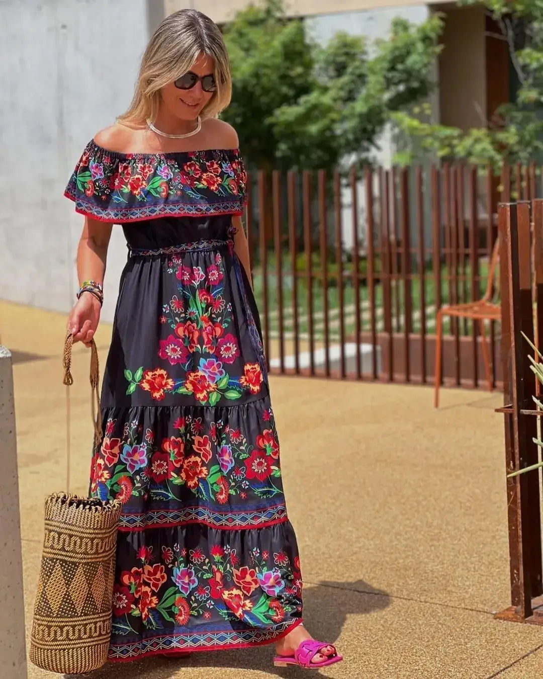 2024 Women’s New Sexy One Shoulder Off Shoulder Fashion Red Flower Printed Lace Up Waist Long Swing Dress