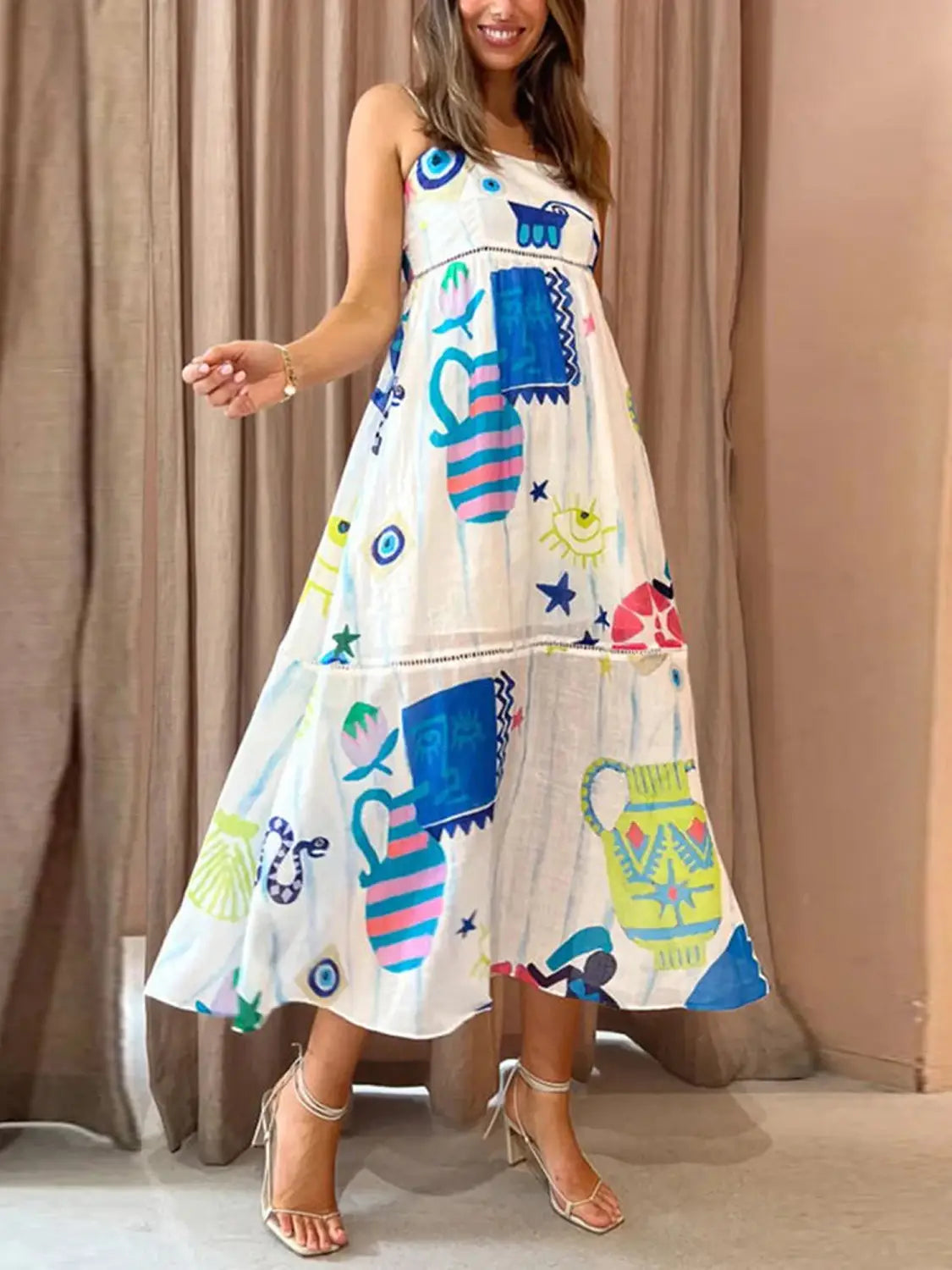 Women’s Summer Boho Spaghetti Strap Square Neck Farm Rio Dress Casual Flowy Graffiti Long Dress Beach Swing Party