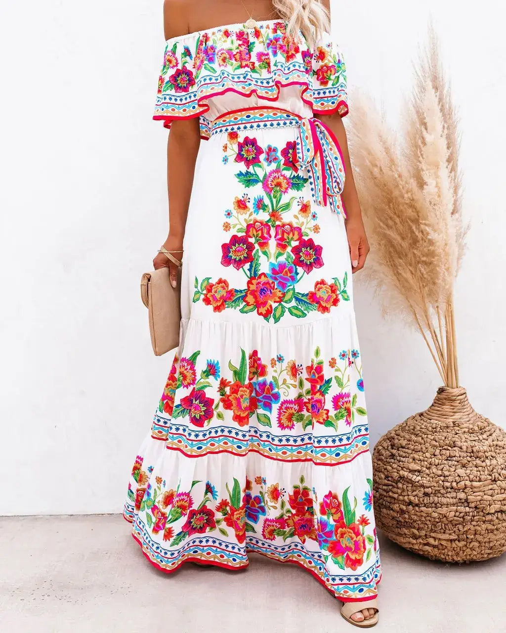 2024 Women’s New Sexy One Shoulder Off Shoulder Fashion Red Flower Printed Lace Up Waist Long Swing Dress