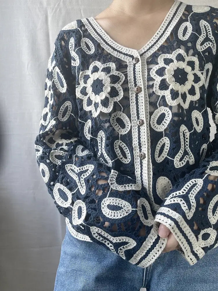 Floral Crocheted Bolero Cardigan Flower Lace Knitted Short Jacket Boho Crop Sweater Tops V-Neck Autumn/Spring Woman