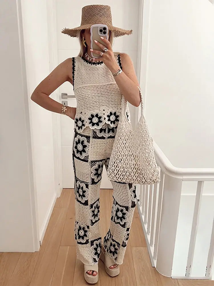 Crochet Flower Knitted Hollow Out Vest Pants Set Sleeveless Top Perspective High Waist Straight Leg Pants Summer Women