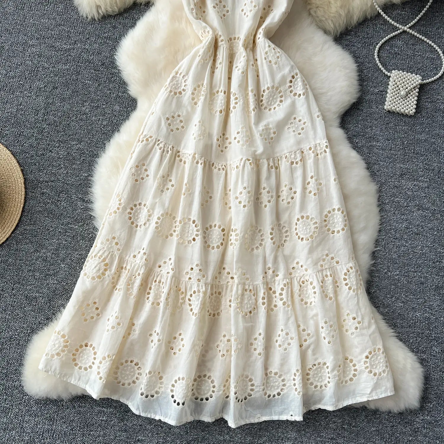 French Vintage cut out Embroidery bow Bandage slip Dress A-line Chic Casual Beach Vacation Women Summer dresses