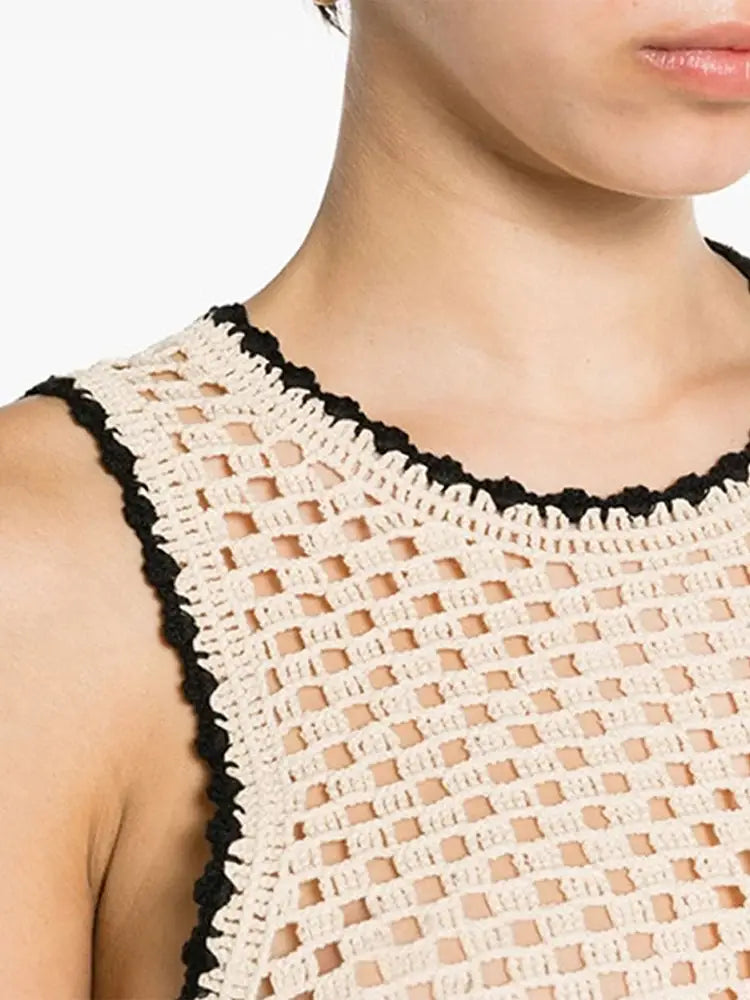 Crochet Flower Knitted Hollow Out Vest Pants Set Sleeveless Top Perspective High Waist Straight Leg Pants Summer Women