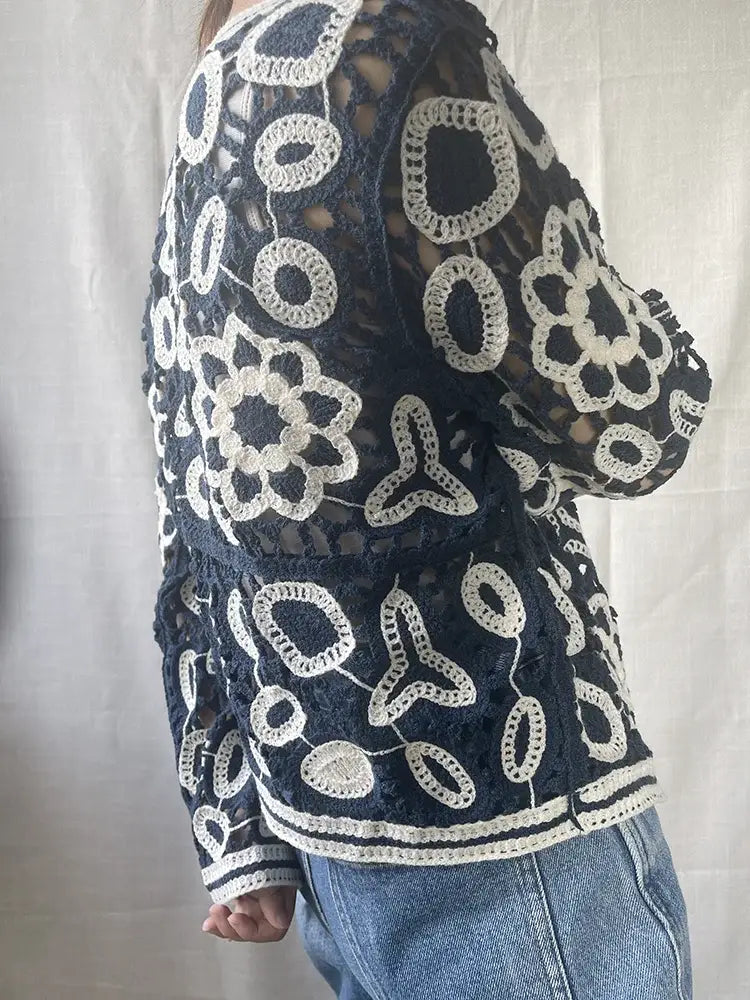 Floral Crocheted Bolero Cardigan Flower Lace Knitted Short Jacket Boho Crop Sweater Tops V-Neck Autumn/Spring Woman