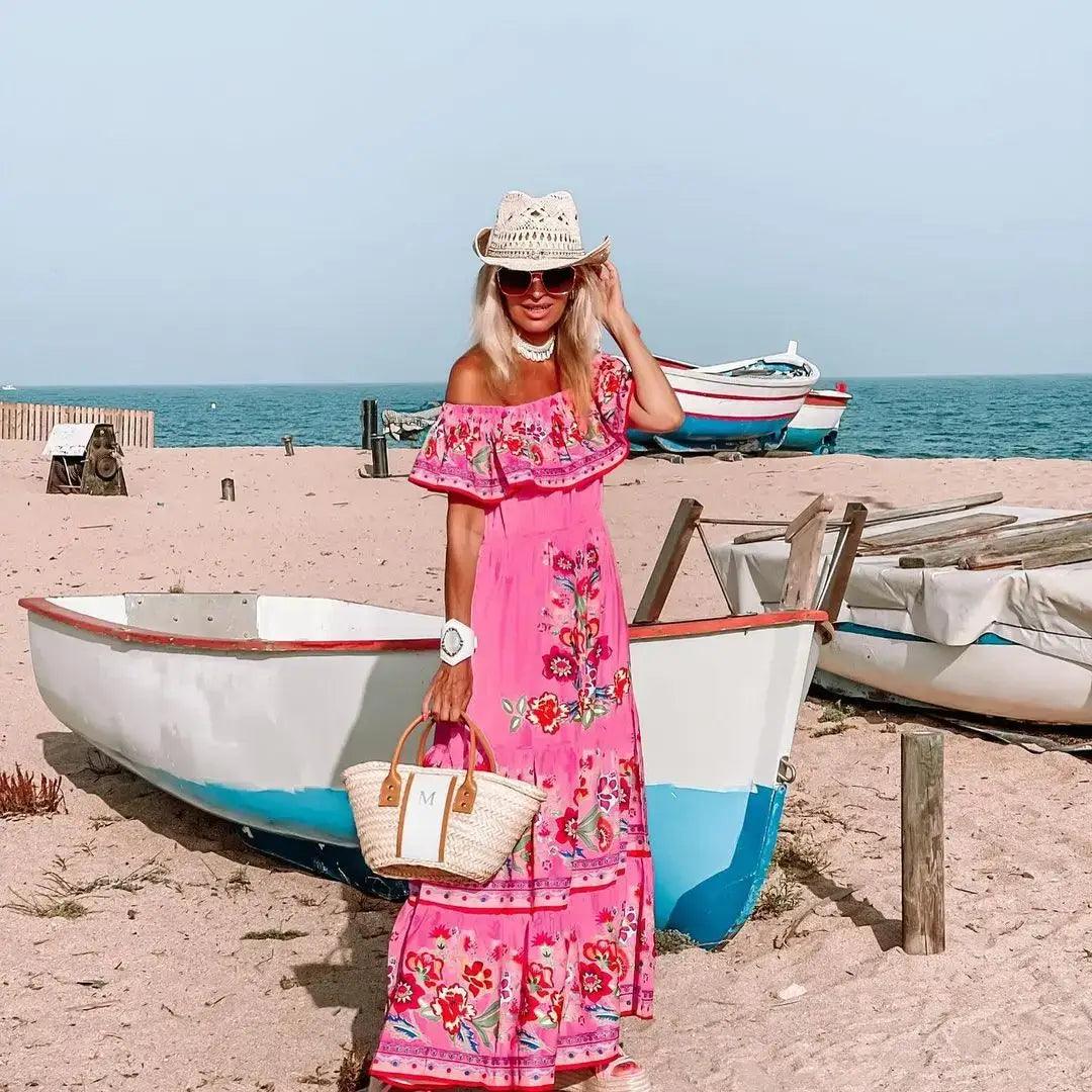 2024 Women’s New Sexy One Shoulder Off Shoulder Fashion Red Flower Printed Lace Up Waist Long Swing Dress