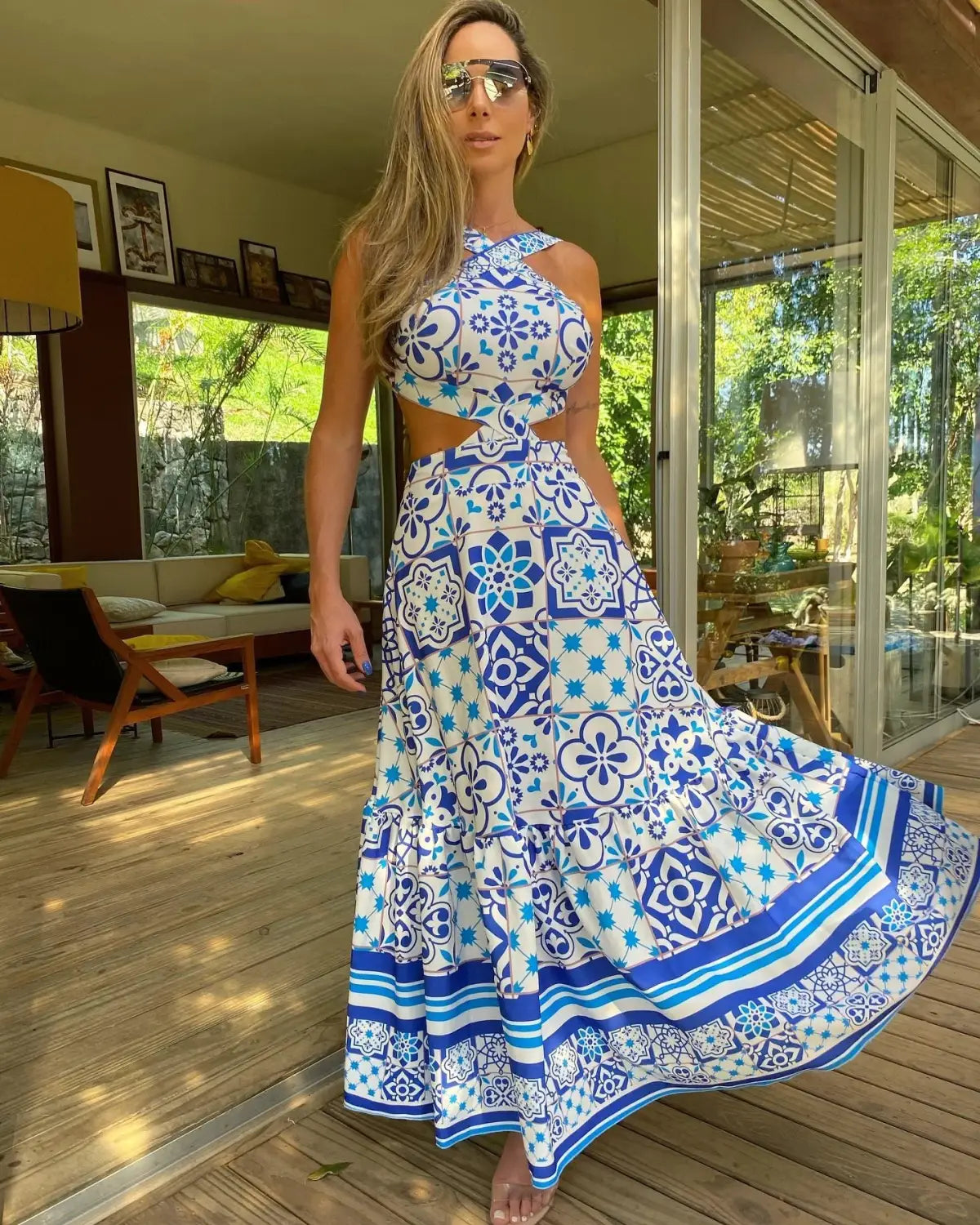 New Bohemian Sexy Printed Women Dresses Halter Sleeveless Backless Naked Waist Long Dress Fashion Summer Beach Holiday