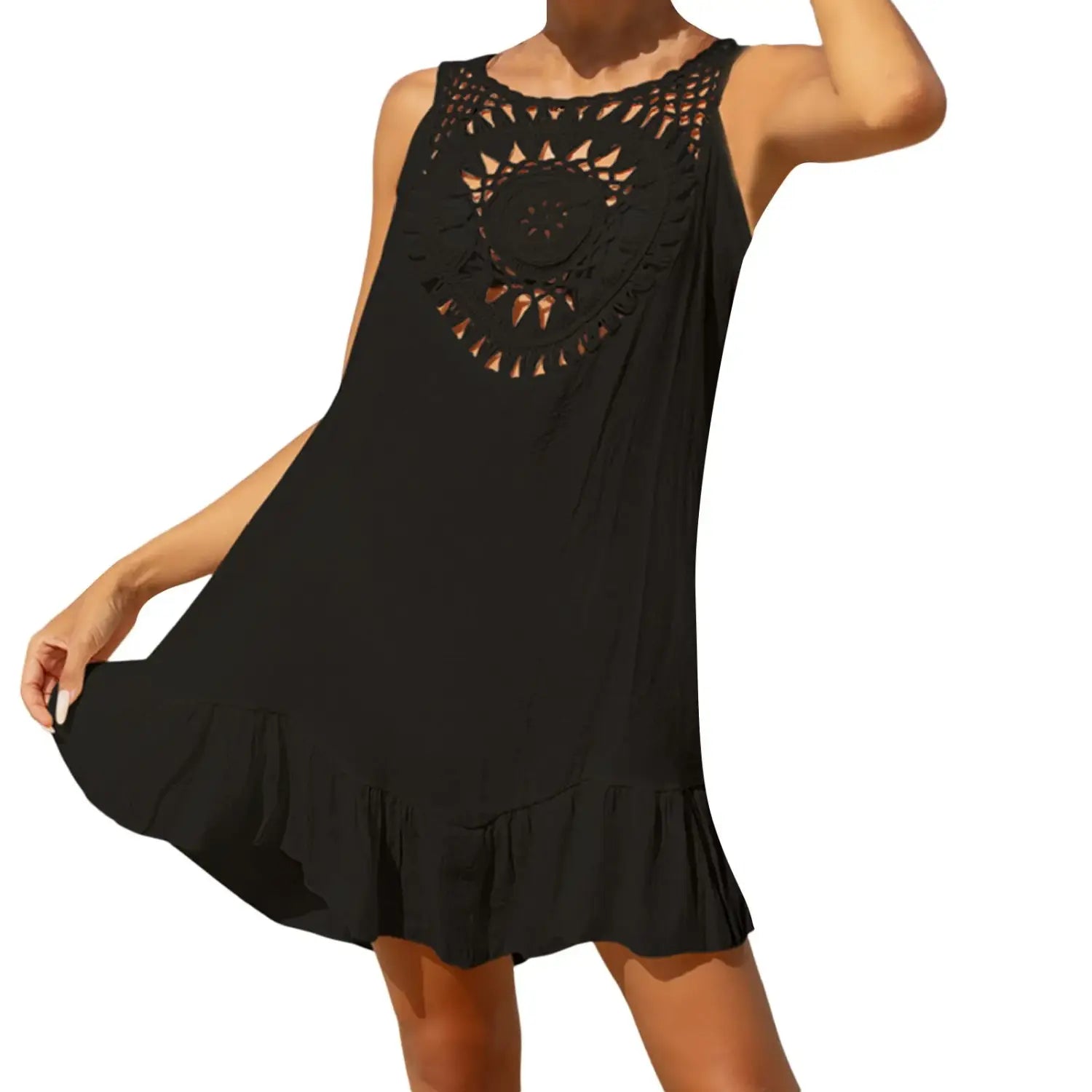 Beach Wear Women 2024 New Solid Crochet Hollow Retro Boho Beach Cover Up Dress Fashion Casual Sleeveless Bikini Tank