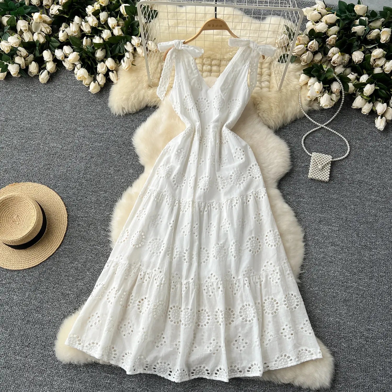French Vintage cut out Embroidery bow Bandage slip Dress A-line Chic Casual Beach Vacation Women Summer dresses
