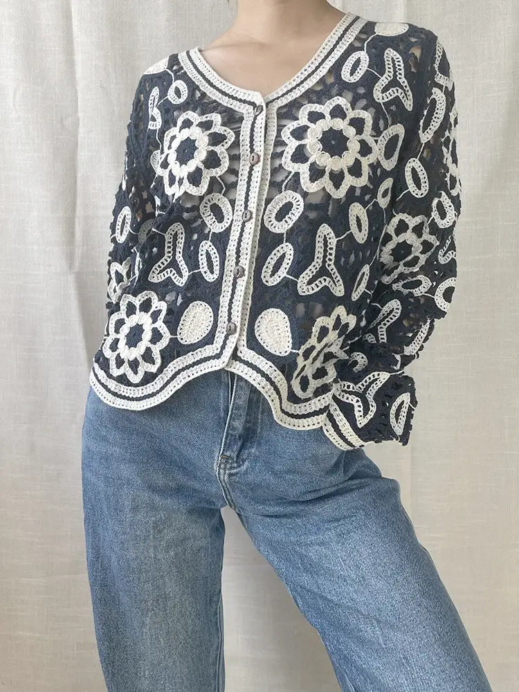 Floral Crocheted Bolero Cardigan Flower Lace Knitted Short Jacket Boho Crop Sweater Tops V-Neck Autumn/Spring Woman