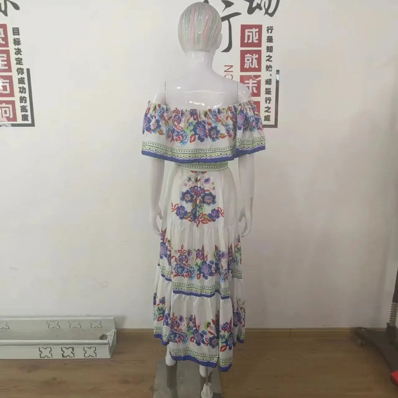 2024 Women’s New Sexy One Shoulder Off Shoulder Fashion Red Flower Printed Lace Up Waist Long Swing Dress