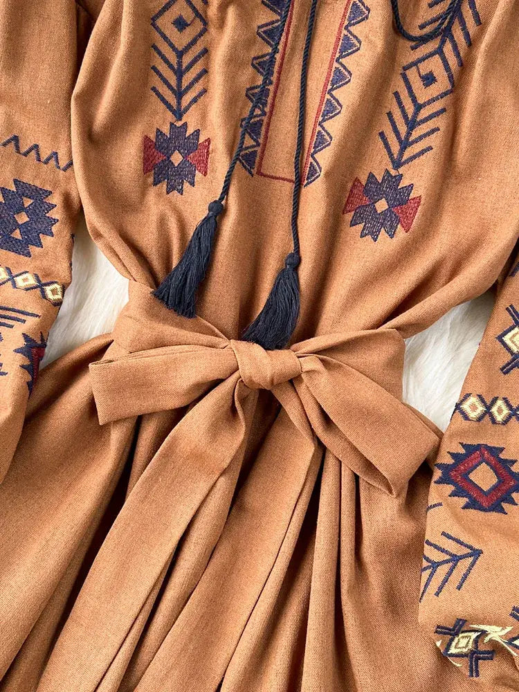 Women Bohemian Vacation Dress Travel Wear Sweet Western-style Embroidery Loose Waist Large Hem Midi Length Vestidos