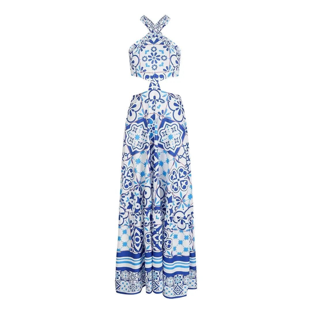New Bohemian Sexy Printed Women Dresses Halter Sleeveless Backless Naked Waist Long Dress Fashion Summer Beach Holiday