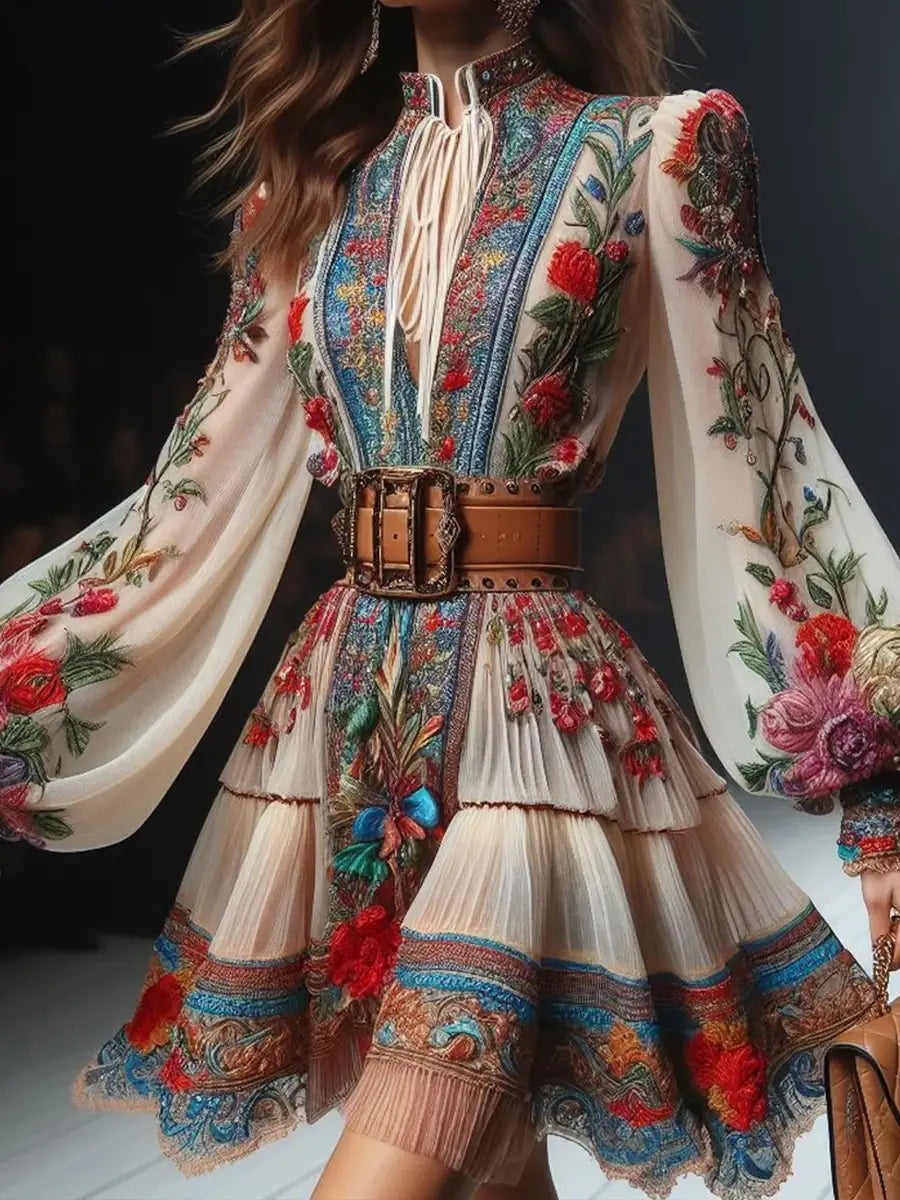 Casual Bohemian Ethnic Style Women’s Mini Dress Fashion O-Neck Lantern Sleeves Retro Floral Pattern Print Lace-Up
