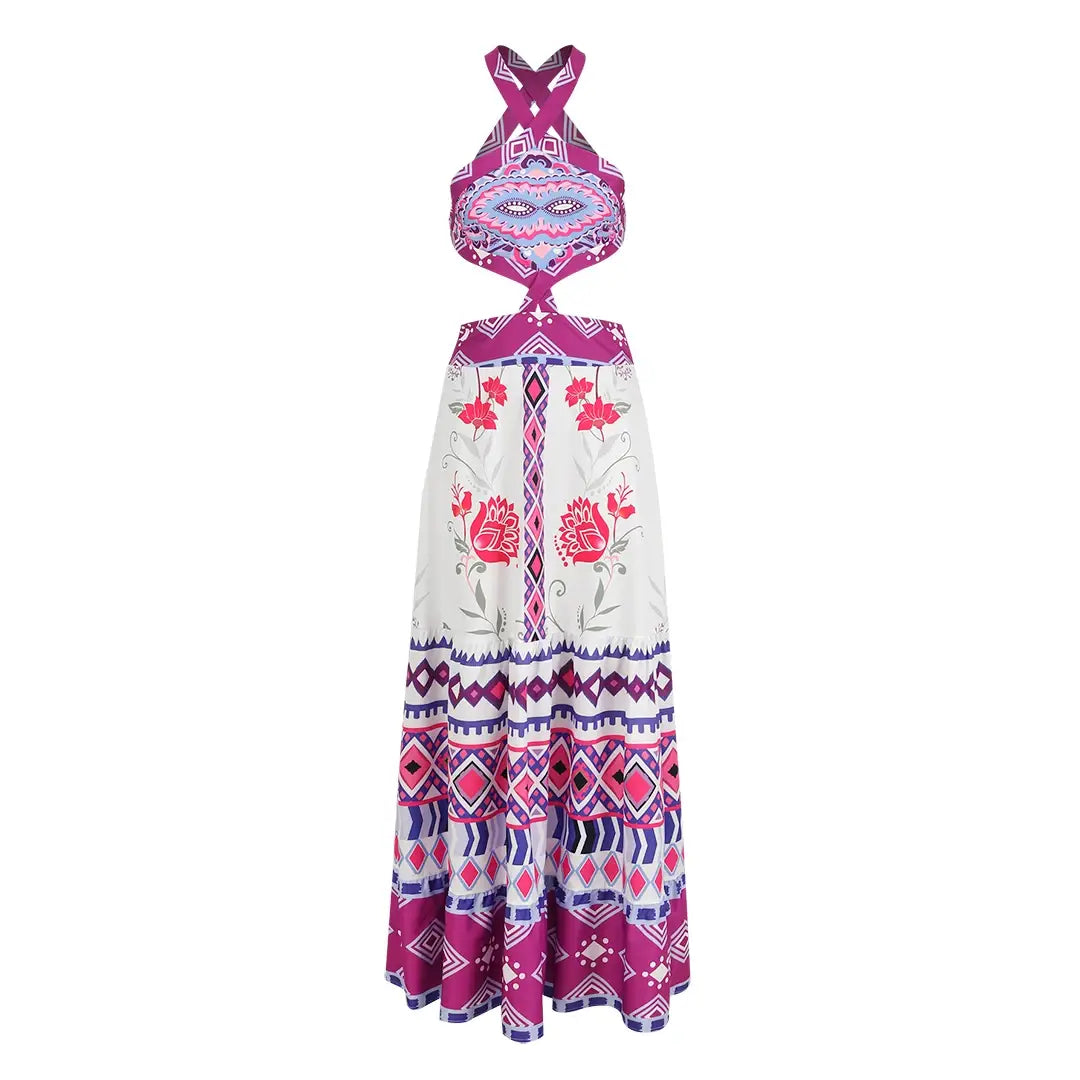 New Bohemian Sexy Printed Women Dresses Halter Sleeveless Backless Naked Waist Long Dress Fashion Summer Beach Holiday