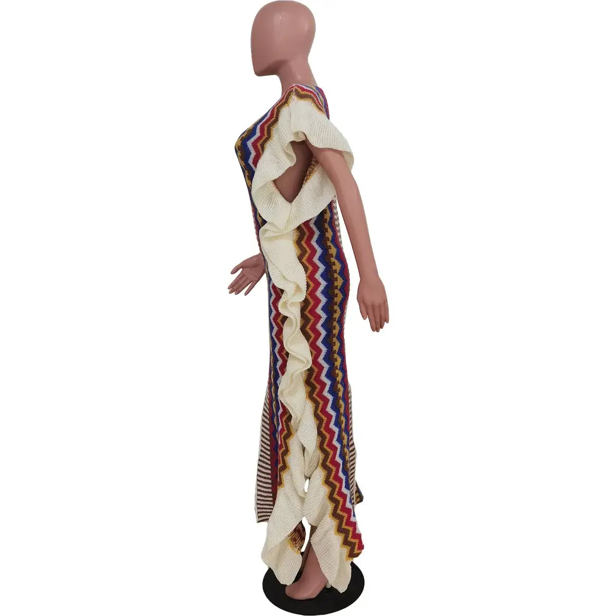 Women’s Knit Ribbed Clock Ruffles Side Sleeve Front Split Striped Straight Maxi Dress Vintage Fashion Vestidos Dresses