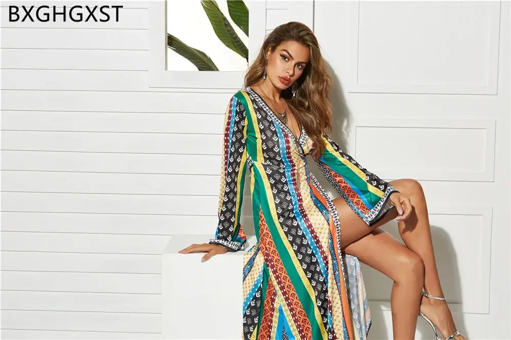 Boho Dress Long Vintage Ladies Summer Long Sleeve Dress Sexy 2024 Fashion Summer Clothes Beach Dresses Woman Party Night