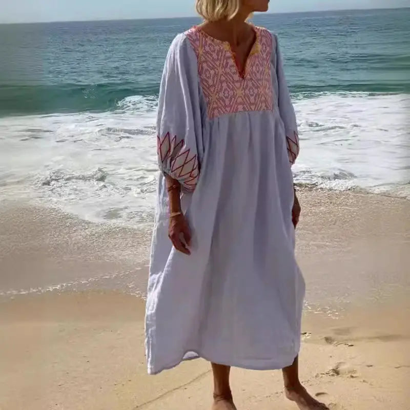 Womens Ethnic Retro Geometric Print Long Dress Spring 3/4 Lantern Sleeve A-Line Party Dress Summer V Neck Loose Beach