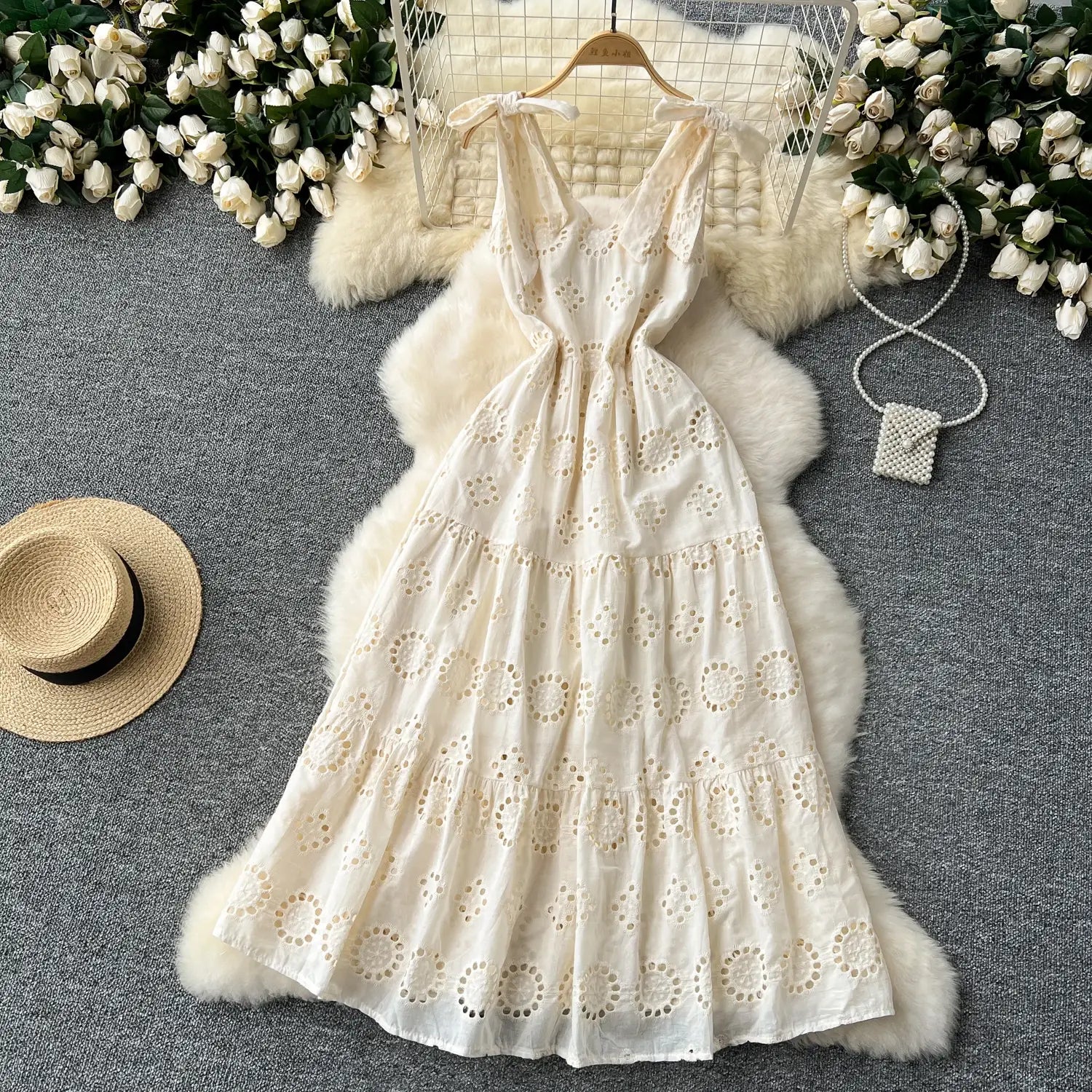 French Vintage cut out Embroidery bow Bandage slip Dress A-line Chic Casual Beach Vacation Women Summer dresses
