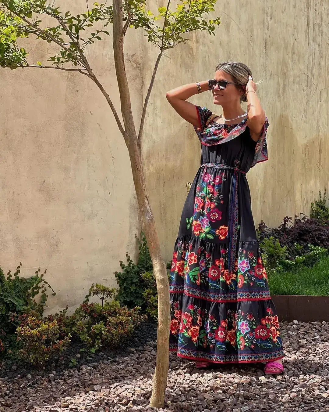 2024 Women’s New Sexy One Shoulder Off Shoulder Fashion Red Flower Printed Lace Up Waist Long Swing Dress