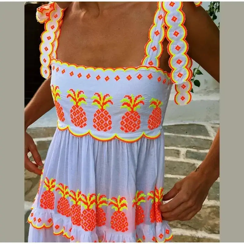 Boho Goddess Vintage LaceUp Maxi Dress Sustainable Vibrant Contrasting Printed Sleeveless Loose Dresses Vintage