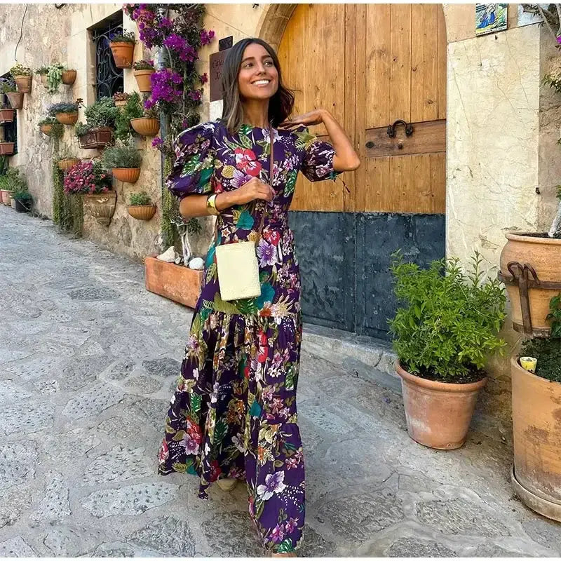 Vintage Print Backless Puff Sleeve Midi Dress Fashion Chic Round Neck High Waist Dresses 2024 Autumn New Women High