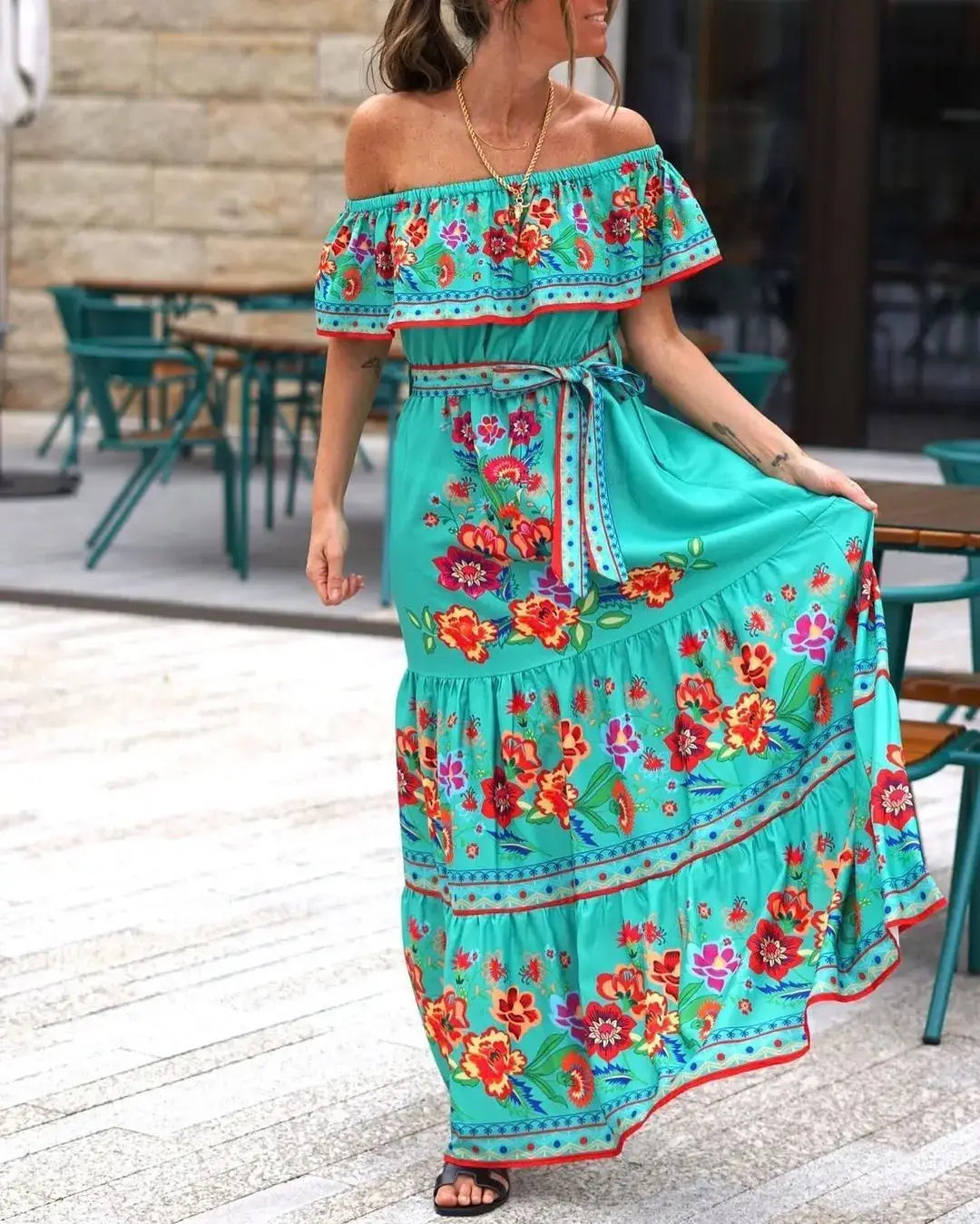 2024 Women’s New Sexy One Shoulder Off Shoulder Fashion Red Flower Printed Lace Up Waist Long Swing Dress